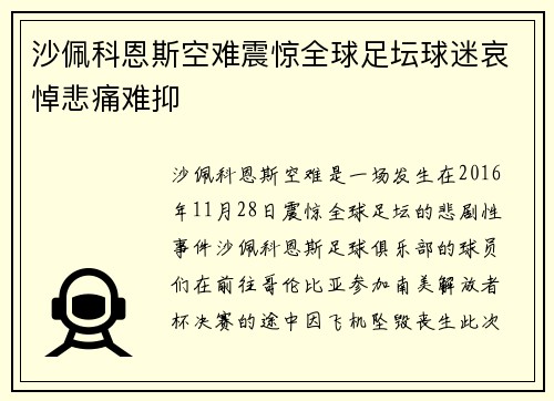 沙佩科恩斯空难震惊全球足坛球迷哀悼悲痛难抑 沙佩科恩斯空难震惊全球足坛球迷哀悼悲痛难抑